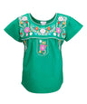 Traditional Puebla Mexican Youth Girl Embroidered Cotton Blouse - Colorful Embroidery, Size 4-14 (1 Piece)