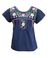 Traditional Puebla Mexican Youth Girl Embroidered Cotton Blouse - Colorful Embroidery, Size 4-14 (1 Piece)