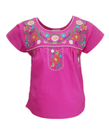 Traditional Puebla Mexican Youth Girl Embroidered Cotton Blouse - Colorful Embroidery, Size 4-14 (1 Piece)