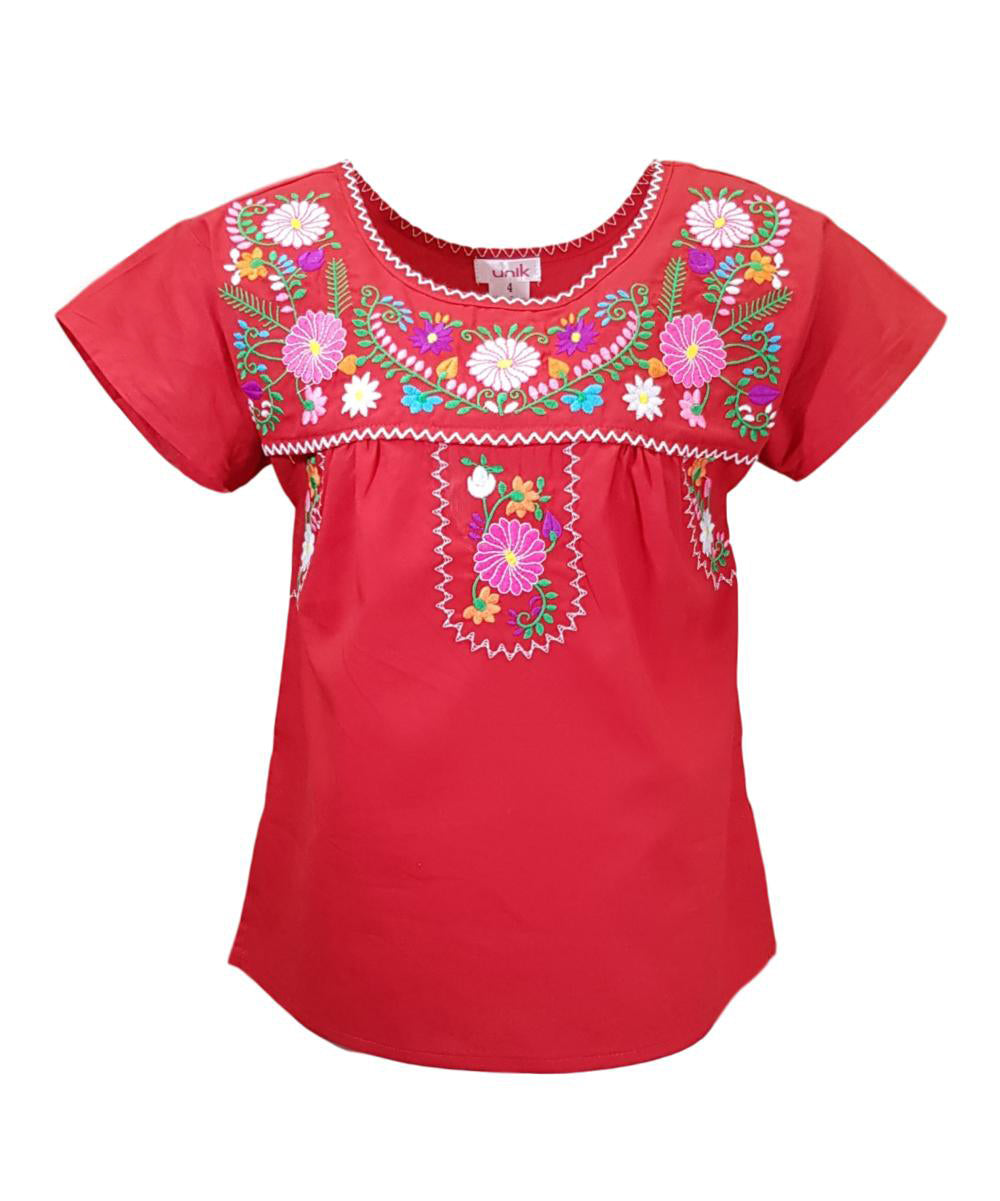 Traditional Puebla Mexican Youth Girl Embroidered Cotton Blouse - Colorful Embroidery, Size 4-14 (1 Piece)