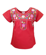 Traditional Puebla Mexican Youth Girl Embroidered Cotton Blouse - Colorful Embroidery, Size 4-14 (1 Piece)