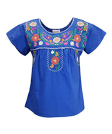 Traditional Puebla Mexican Youth Girl Embroidered Cotton Blouse - Colorful Embroidery, Size 4-14 (1 Piece)