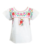 Traditional Puebla Mexican Youth Girl Embroidered Cotton Blouse - Colorful Embroidery, Size 4-14 (1 Piece)