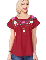 Traditional Mexican Women Blouse - Floral Embroidery, Short Sleeve (S-M-L-XL-2XL-3XL)