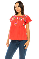 Traditional Mexican Women Blouse - Floral Embroidery, Short Sleeve (S-M-L-XL-2XL-3XL)