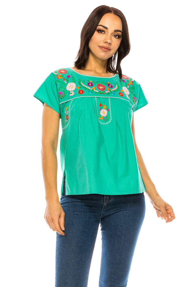 Traditional Mexican Women Blouse - Floral Embroidery, Short Sleeve (S-M-L-XL-2XL-3XL)