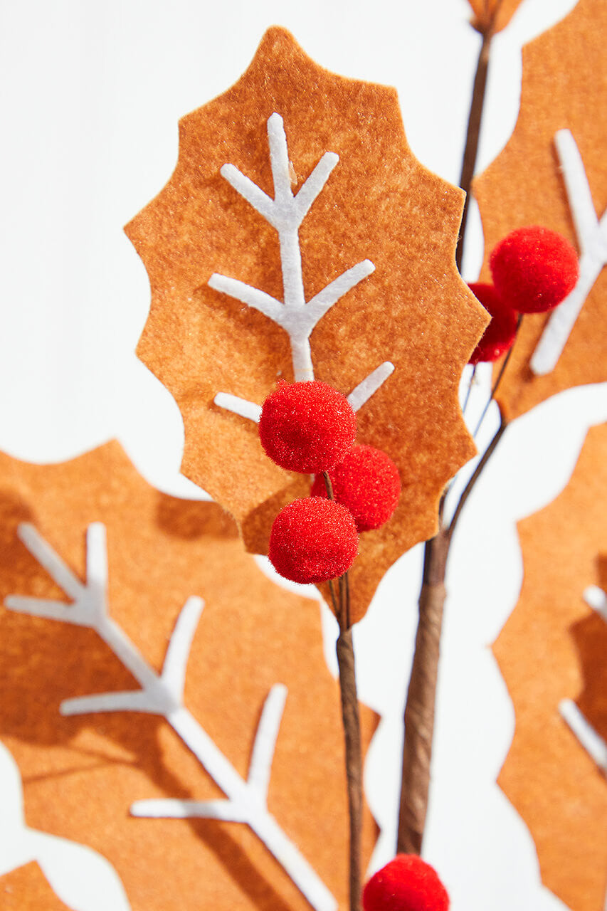 Gingerbread Leaf Spray with Red Berries 28 Inch Christmas Decor