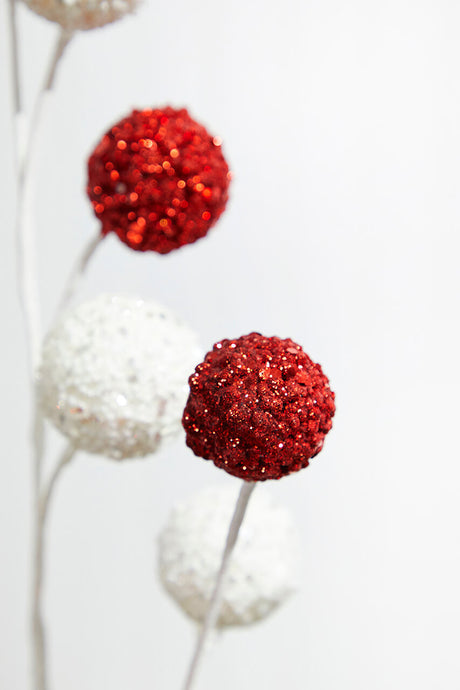 30” White & Red Ball Stem – Sparkling Holiday Decorative Spray