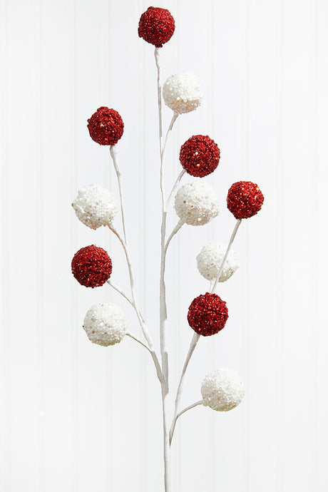30” White & Red Ball Stem – Sparkling Holiday Decorative Spray