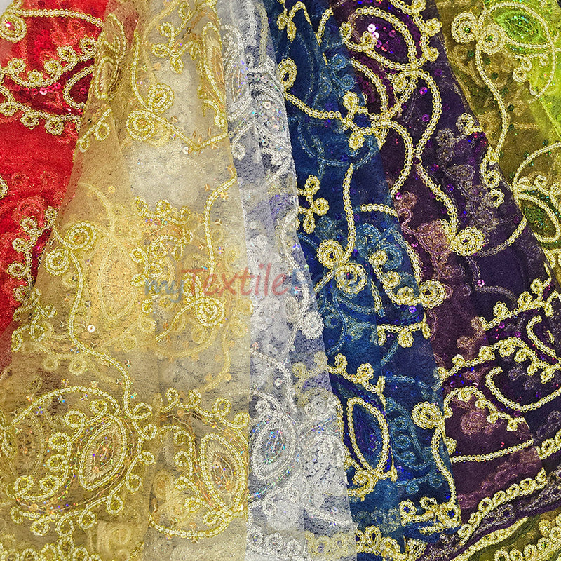 Coco Paisley Polyester Fabric - Sheer Embroidered Paisley, Double Scallop Lace, 52" Width (1 Yard)