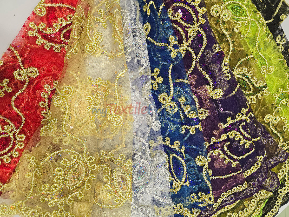 Coco Paisley Polyester Fabric - Sheer Embroidered Paisley, Double Scallop Lace, 52" Width (1 Yard)
