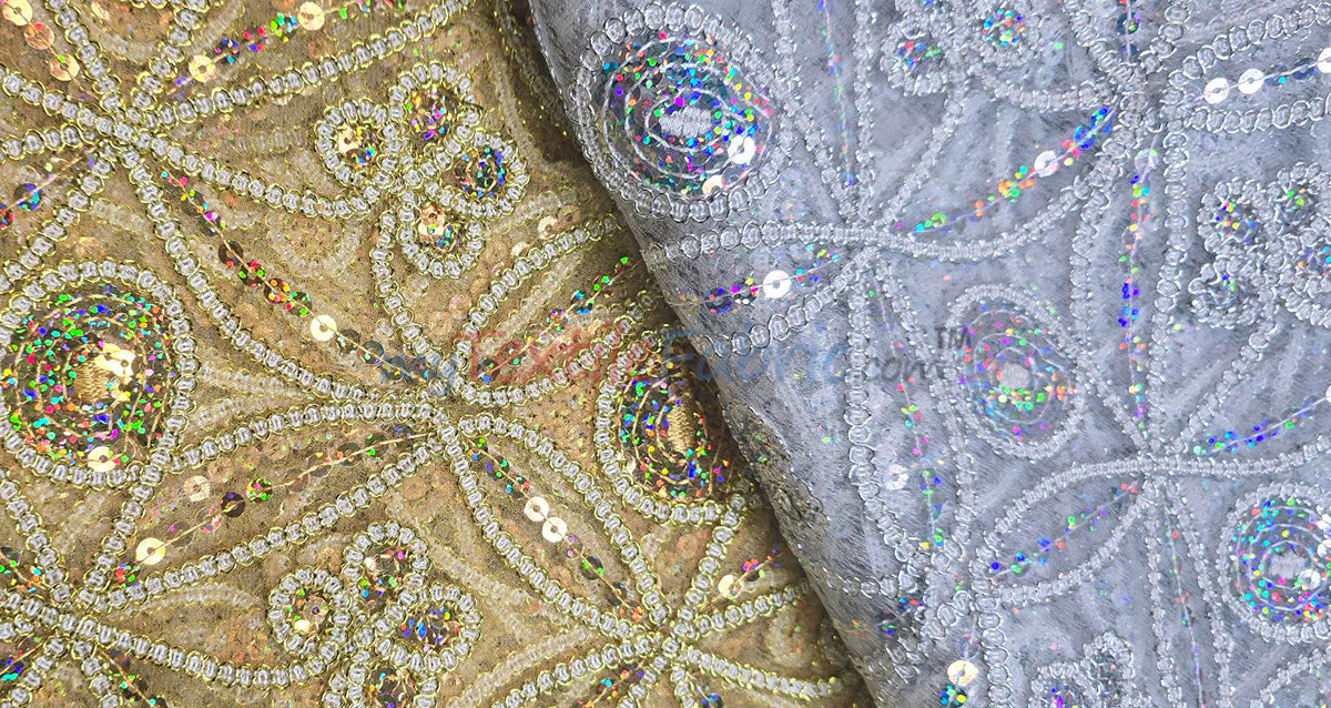 Coco Star Sheer Embroidery Fabric - Champagne, Gold, Silver Star Sequins, Double Scallop Lace, 52" Width