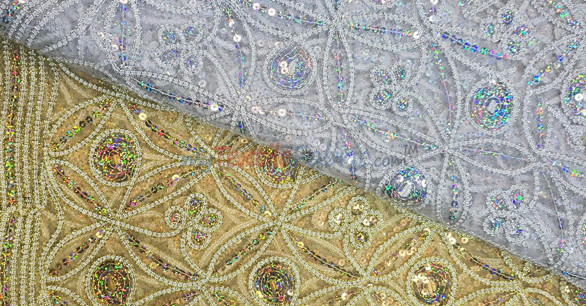 Coco Star Sheer Embroidery Fabric - Champagne, Gold, Silver Star Sequins, Double Scallop Lace, 52" Width