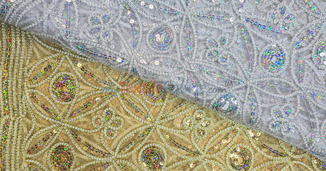 Coco Star Sheer Embroidery Fabric - Champagne, Gold, Silver Star Sequins, Double Scallop Lace, 52" Width