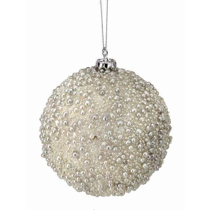 4" White Glitter Metallic Mini Bead Ball Ornament