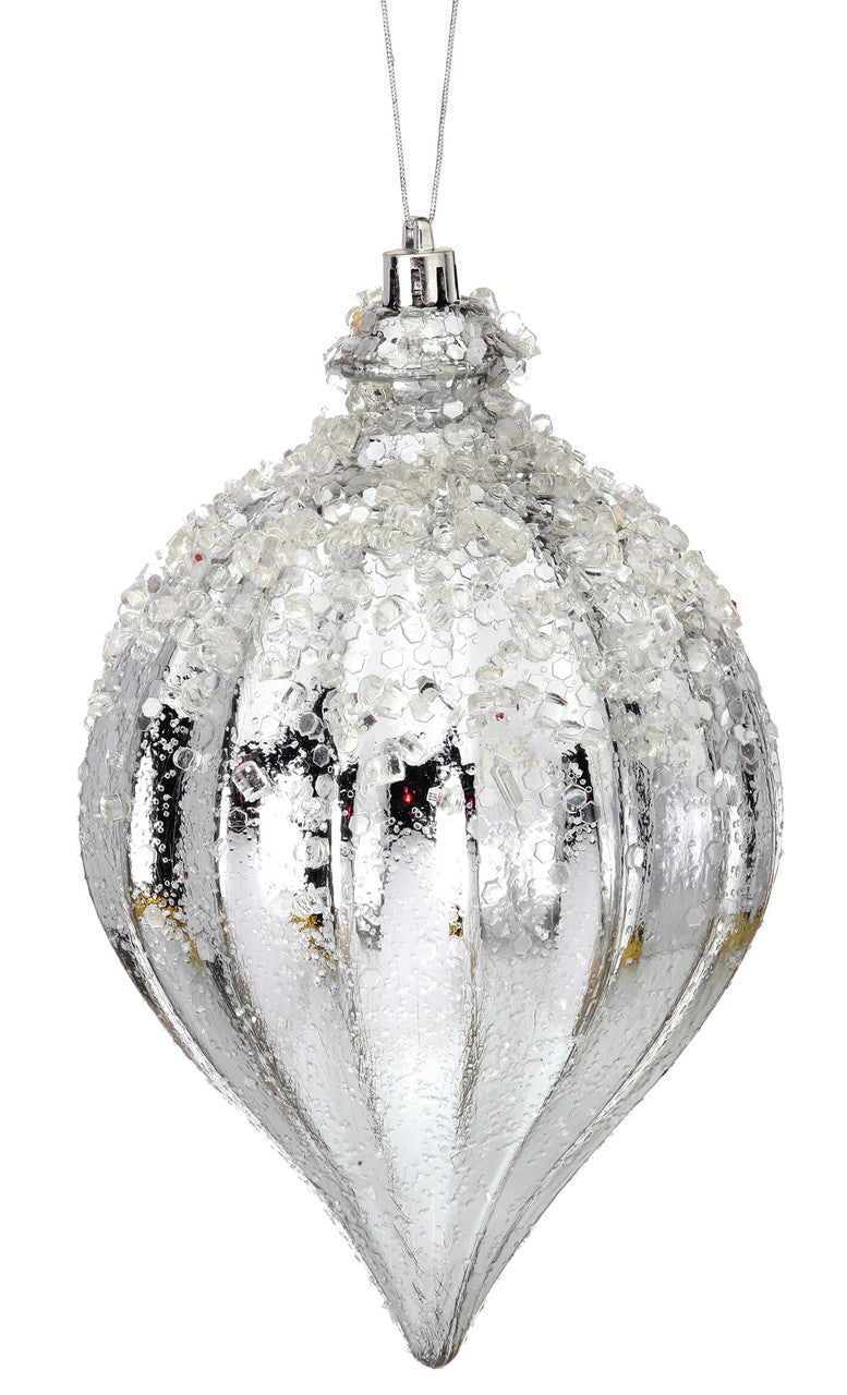 7 Inch Metallic Ridged Iced Kismet Finial Ornament - Silver