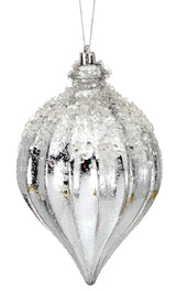 7 Inch Metallic Ridged Iced Kismet Finial Ornament - Silver