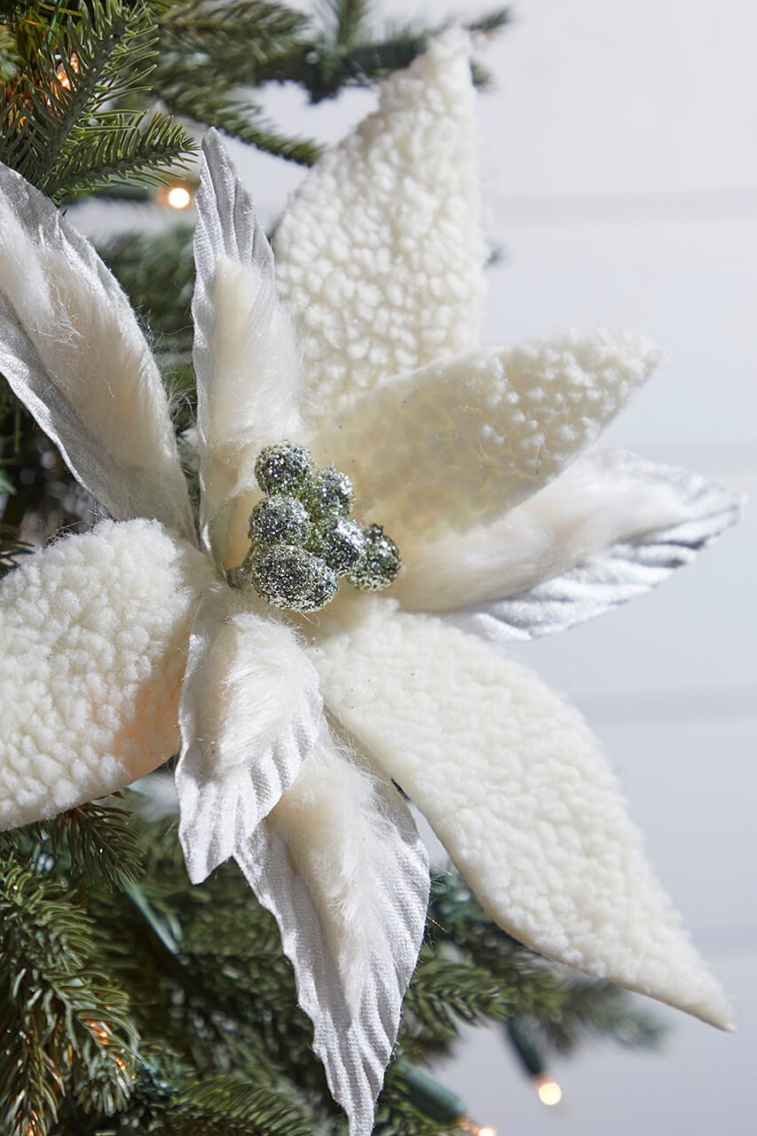 Ivory Woolly Fur Poinsettia Stem 24 Inch Christmas Flower Decor