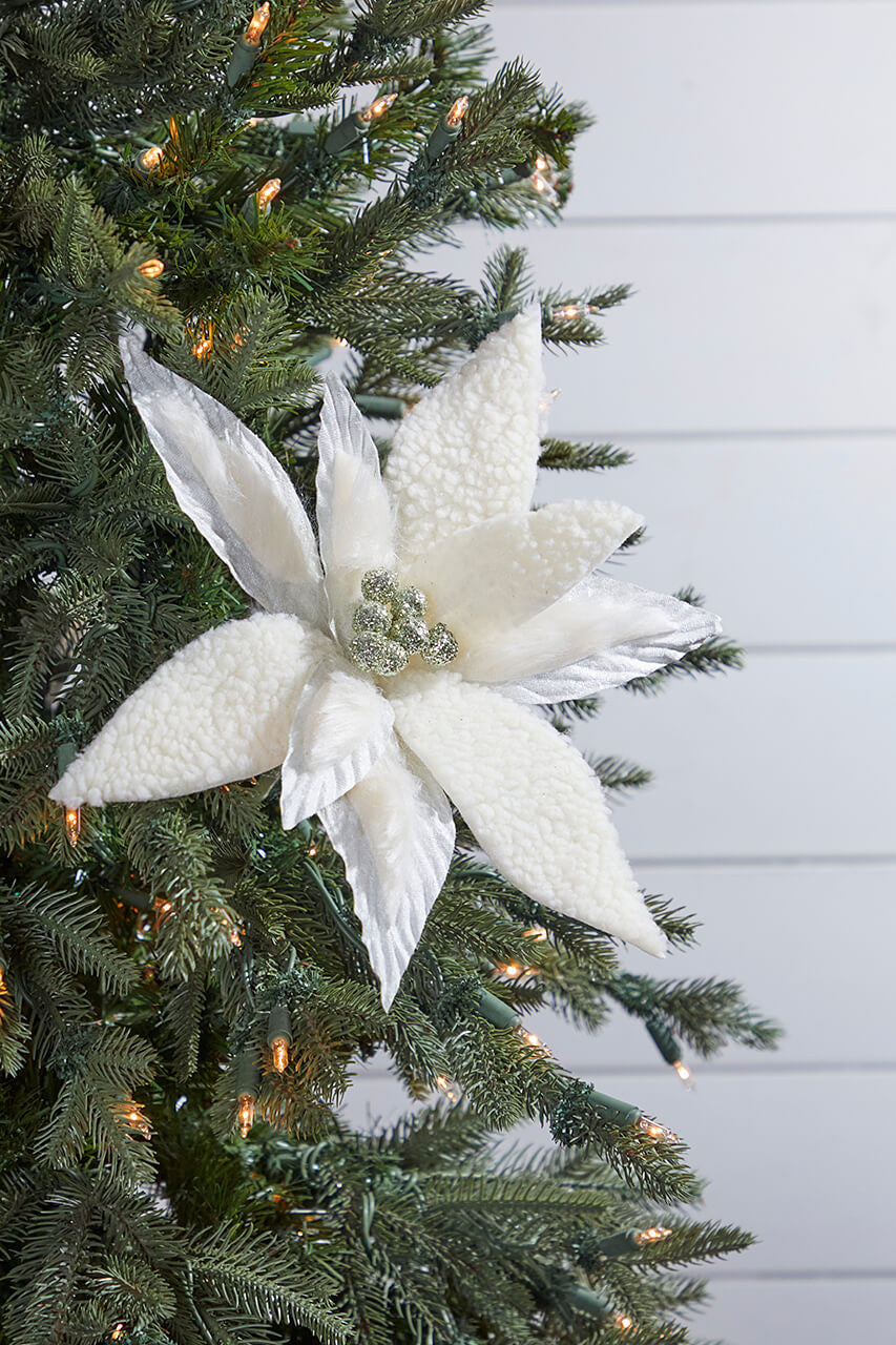 Ivory Woolly Fur Poinsettia Stem 24 Inch Christmas Flower Decor
