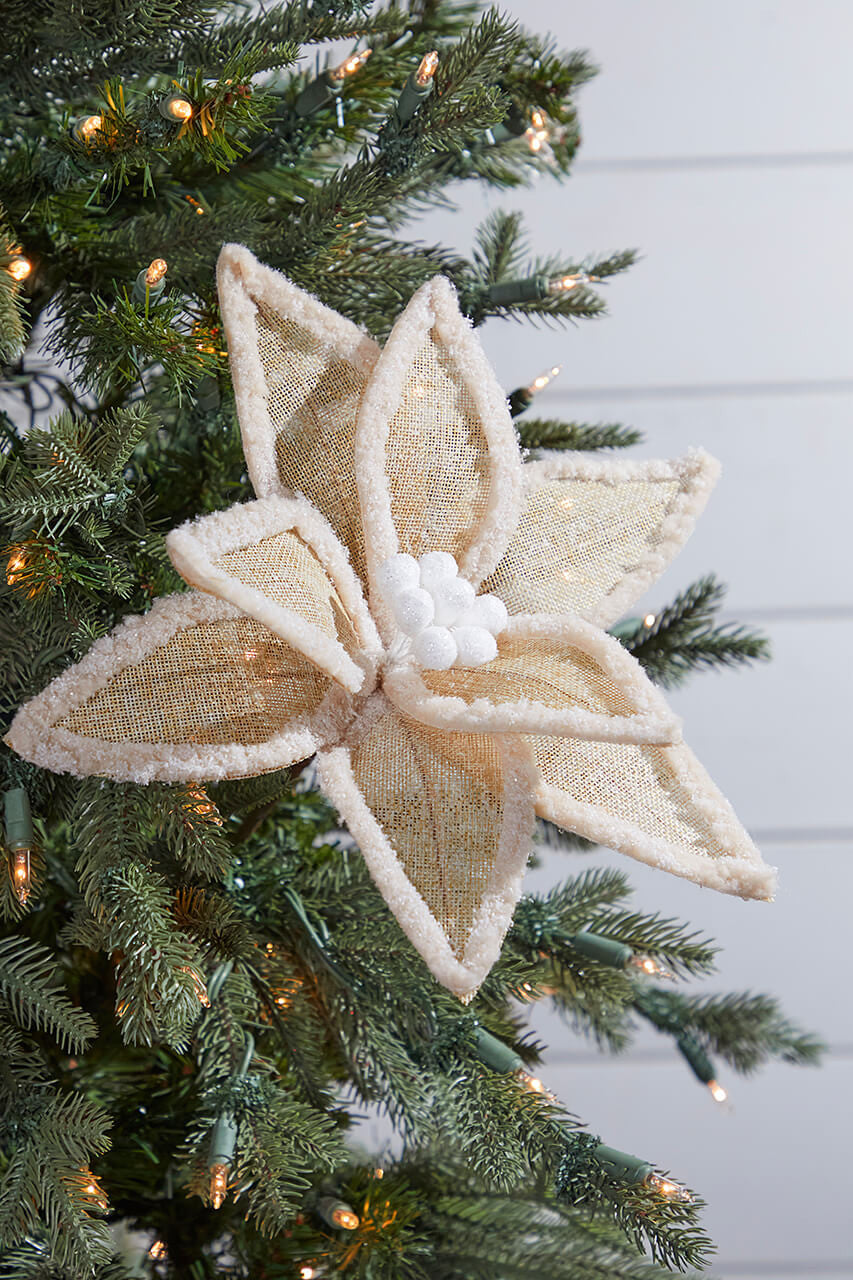 Burlap Faux Fur Edge Poinsettia Stem 20 Inch Rustic Christmas Decor