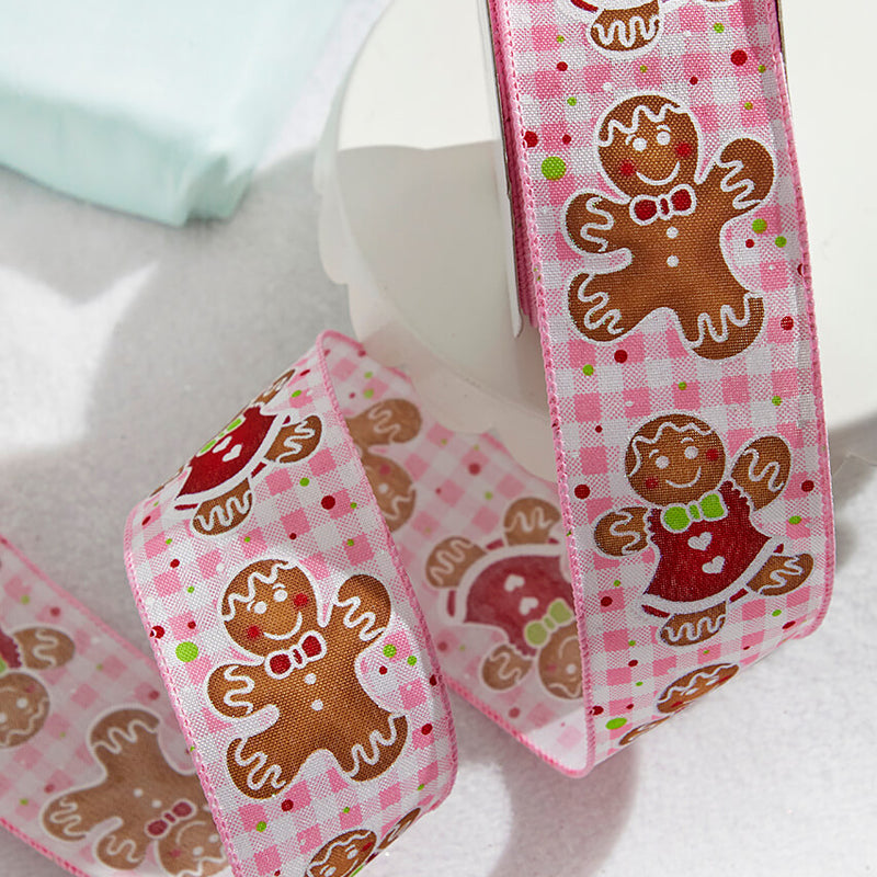 2.5” x 10 Yard Pink Check Gingerbread Ribbon