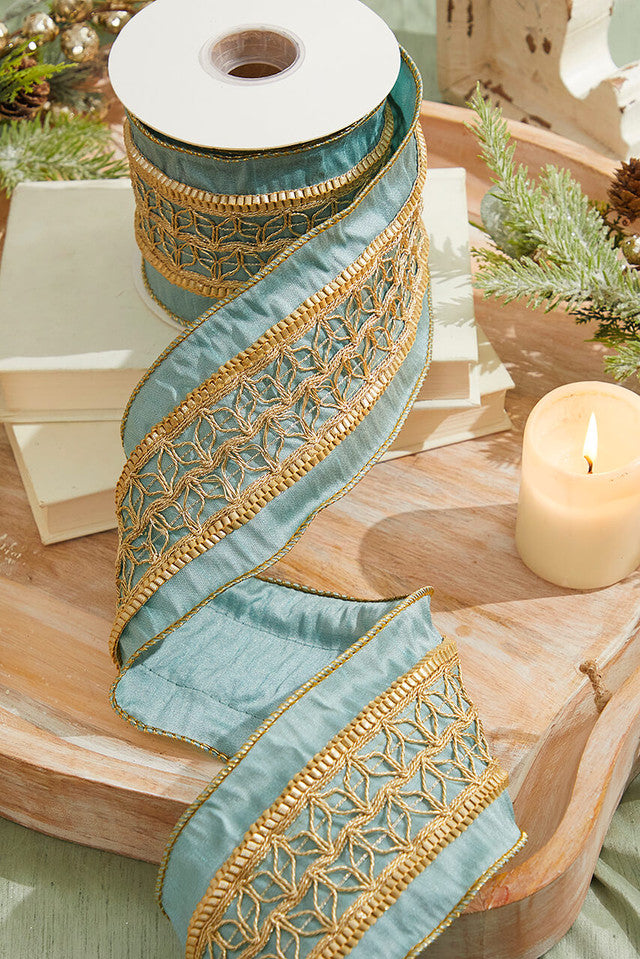 4 Inch x 5 Yard Metallic Gold Trim Dupion Wired Ribbon Aqua Luxury Holiday Christmas Gift Wrapping Wreath Tree Decoration Accent