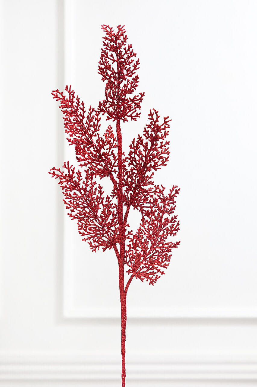 31" Red Sequin Coral Leaf Spray