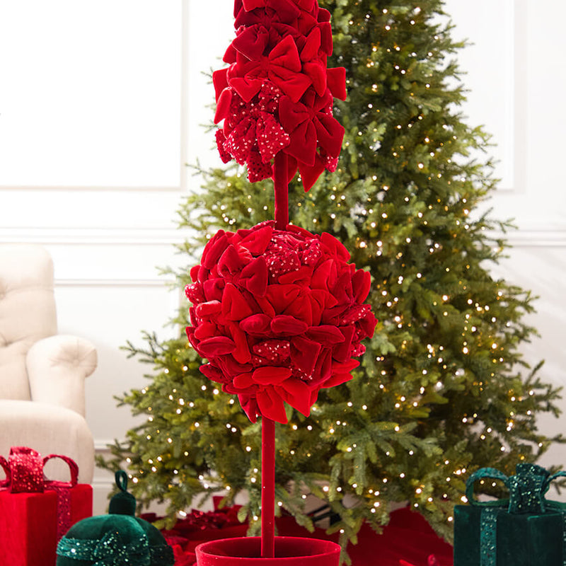 60" Red Velvet Sequin Bow Potted Topiary Tree
