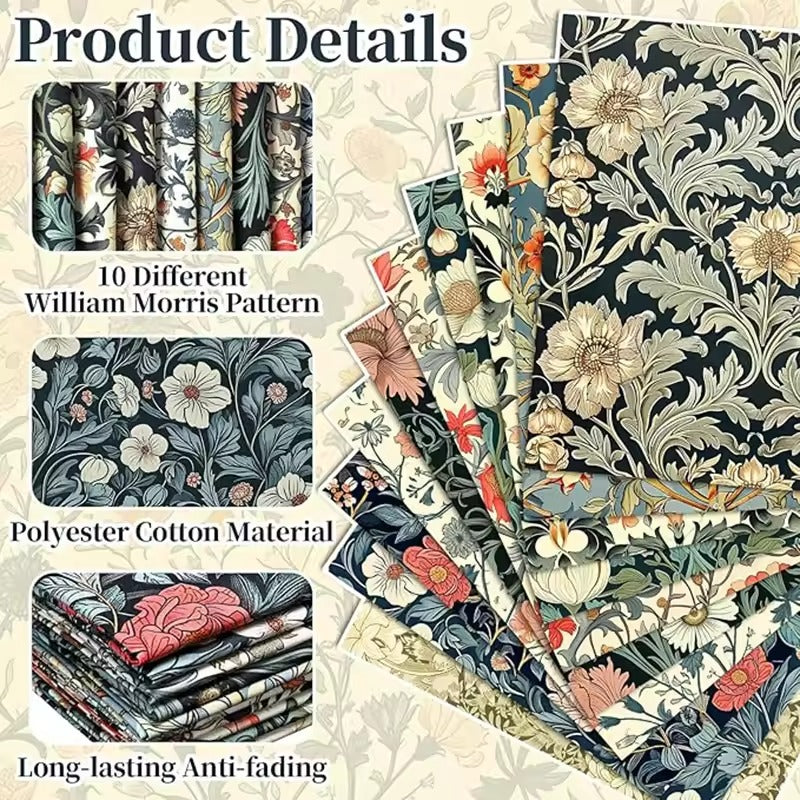 10 Pcs 20''x20'' William Morris Flowers Quilting Fabric Bundles Vintage Floral Fat Quarters by The Yard Flower Fabrics Precut Qu