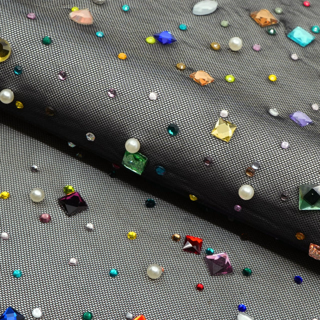 Brilliance Beaded With Rhinestone Stretch Mesh Fabric - Champagne, Silver, Black, Colorful, Pink, Red, Hunter Green, Light Blue, 54/55" Width (1 Yard)