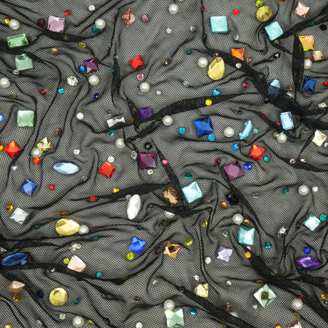 Brilliance Beaded With Rhinestone Stretch Mesh Fabric - Champagne, Silver, Black, Colorful, Pink, Red, Hunter Green, Light Blue, 54/55" Width (1 Yard)