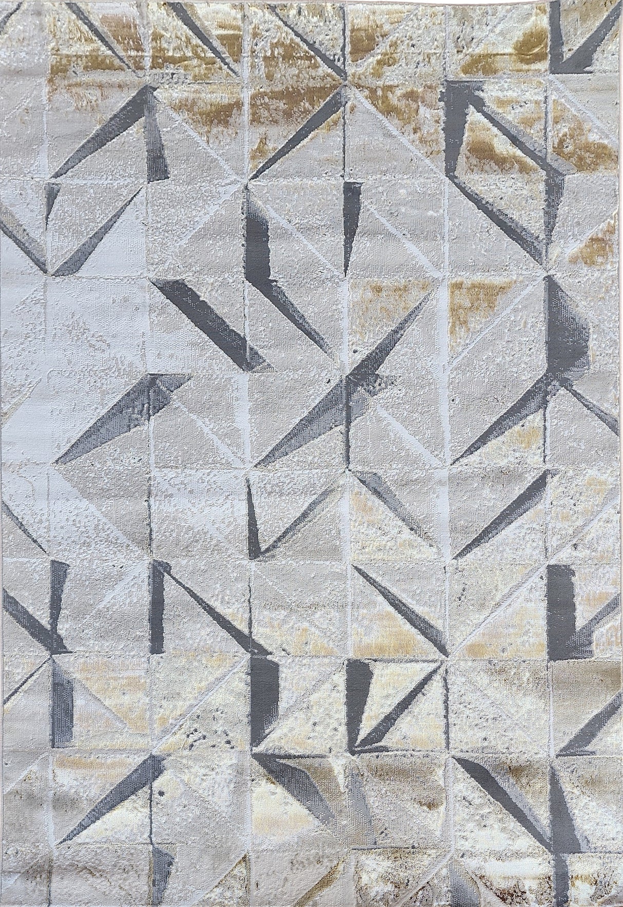 Maximus 242 Polyester Viscose Blend Fabric - Silver With Gold Geometric Design, Color-Changing Flat Weave, 10' X 13' (1 Rug)