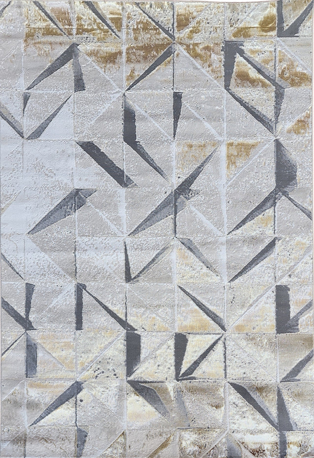 Maximus 242 Polyester Viscose Blend Fabric - Silver With Gold Geometric Design, Color-Changing Flat Weave, 10' X 13' (1 Rug)