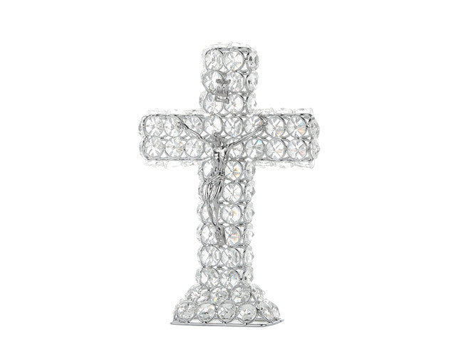 8" Silver Clear Crystal Glass Cross Standing Decoration - 1 Centerpiece