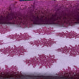 Magenta Sequin Lace Fabric With Embroideries On Mesh - Magenta Floral Embroidered Lace, 52" Width