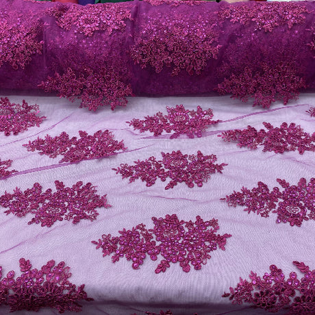Magenta Sequin Lace Fabric With Embroideries On Mesh - Magenta Floral Embroidered Lace, 52" Width
