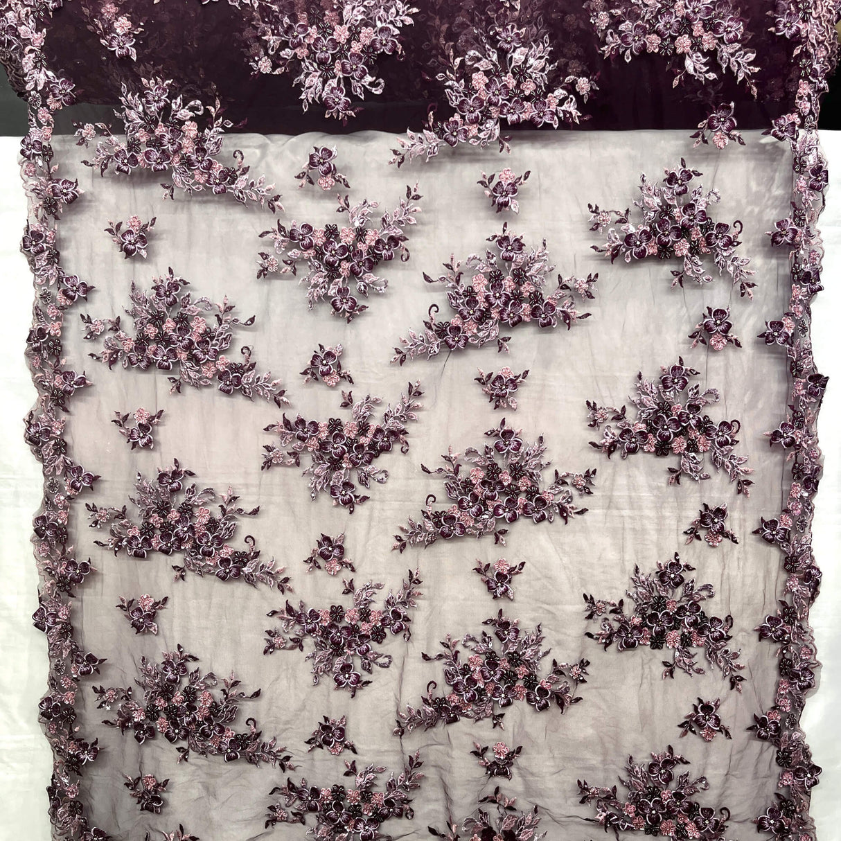 3D Beaded Floral Lace Mesh Fabric