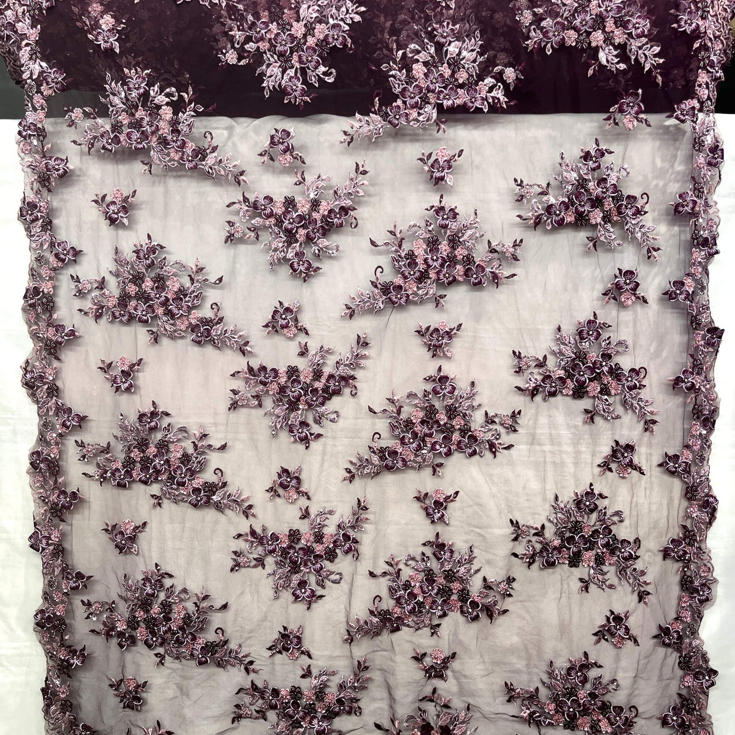 3D Beaded Floral Lace Mesh Fabric