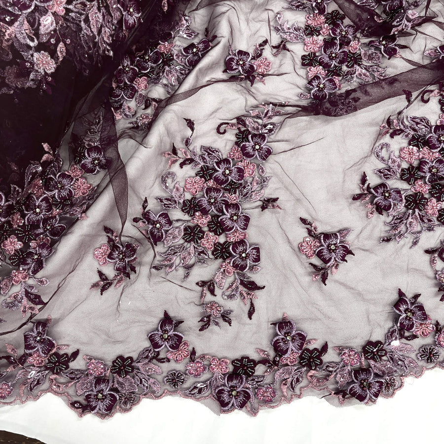 1 Yard 3D Beaded Floral Lace Fabric with Rhinestones – Embroidered Mesh with Scalloped Edges