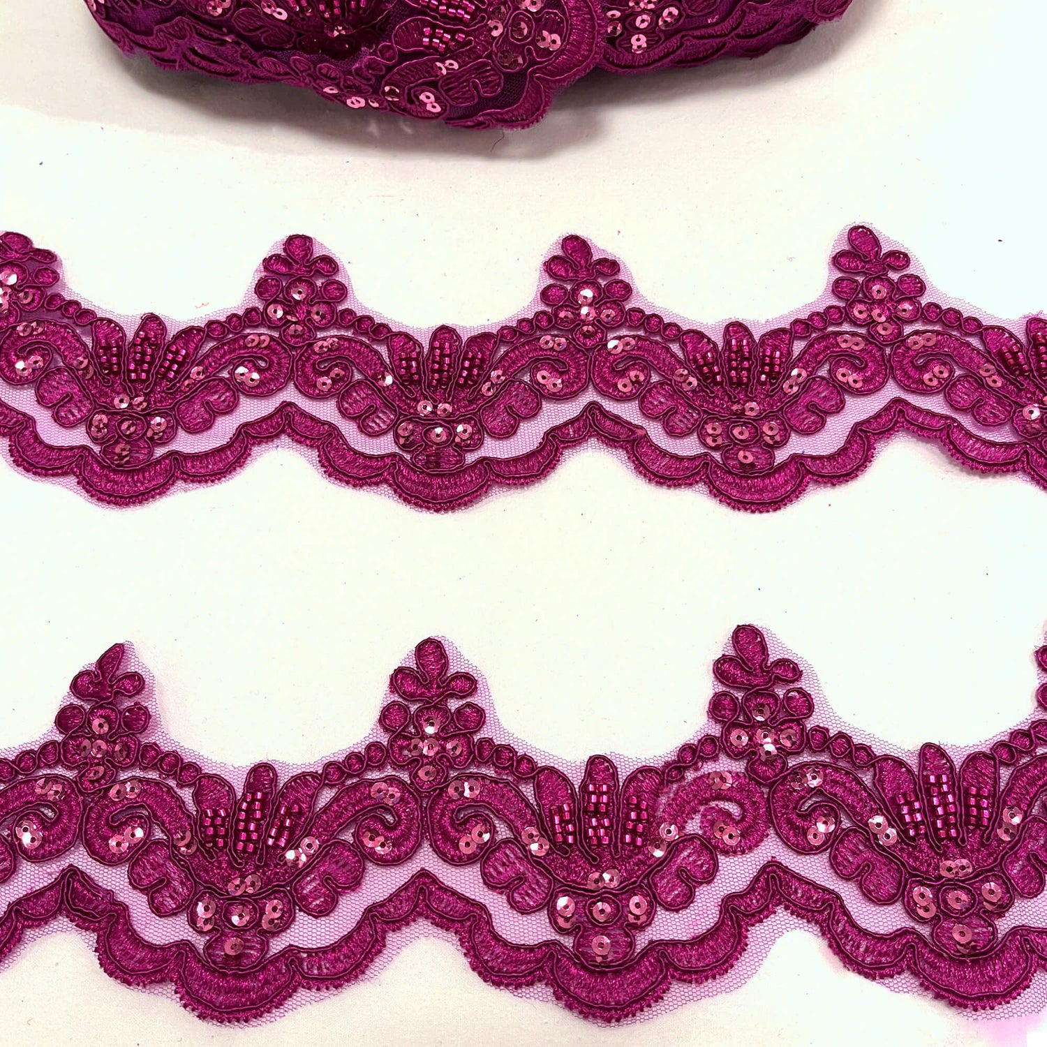 Beaded Corded Lace Trim on Net Mesh