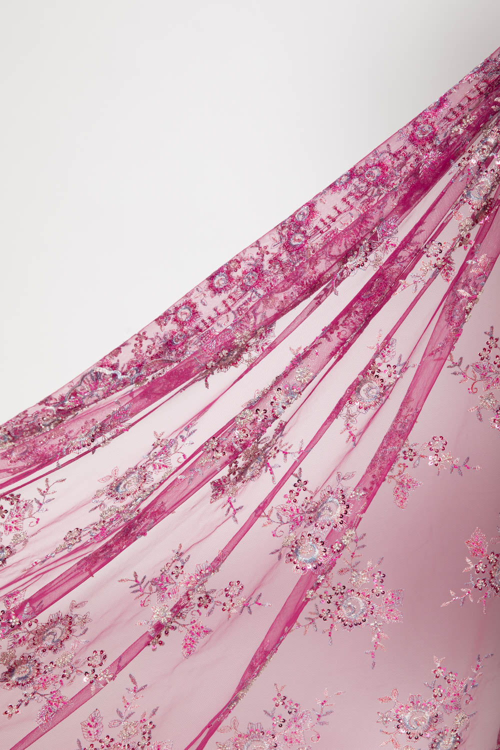 1 Yard Tulle Lace Fabric Embroidered with Beads and Floral Pattern, 52" Wide