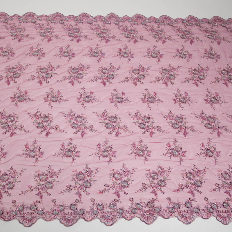 1 Yard Tulle Lace Fabric Embroidered with Beads and Floral Pattern, 52" Wide