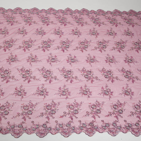 1 Yard 52" Wide Premium Textile Embroidered Tulle Lace Fabric with Beads and Floral Pattern
