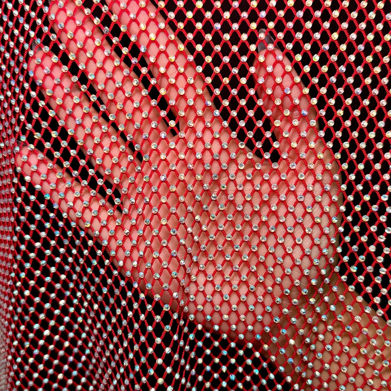 Rhinestone Fishnet Mesh Red