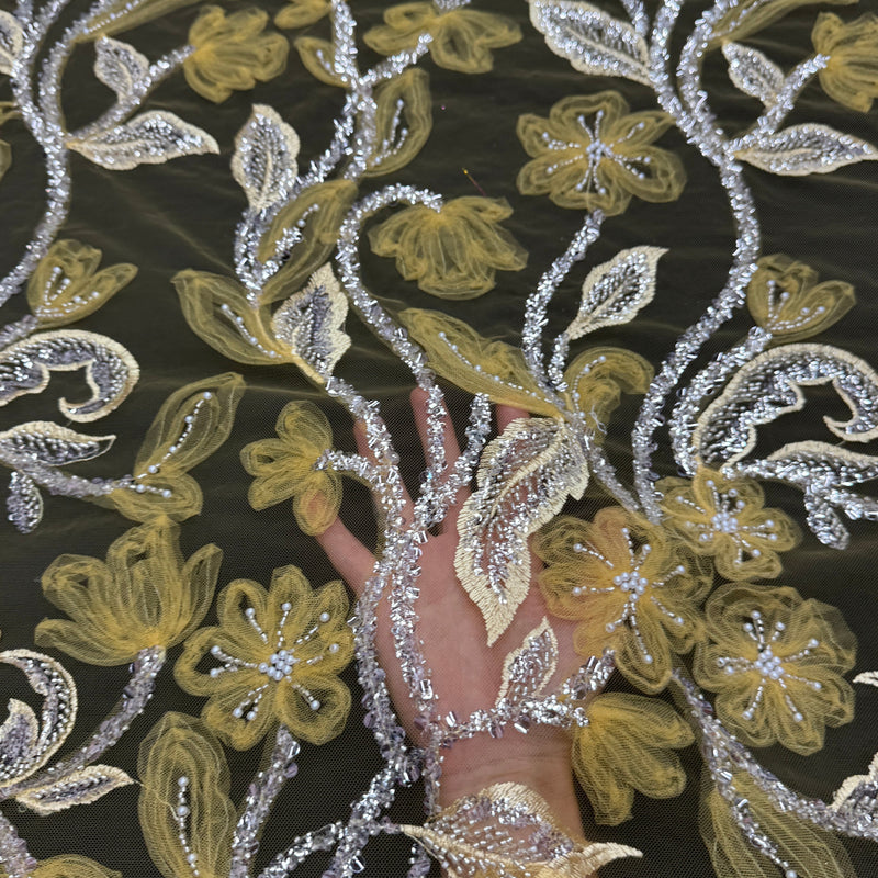Yellow 3D Floral Tulle Beaded Lace Mesh