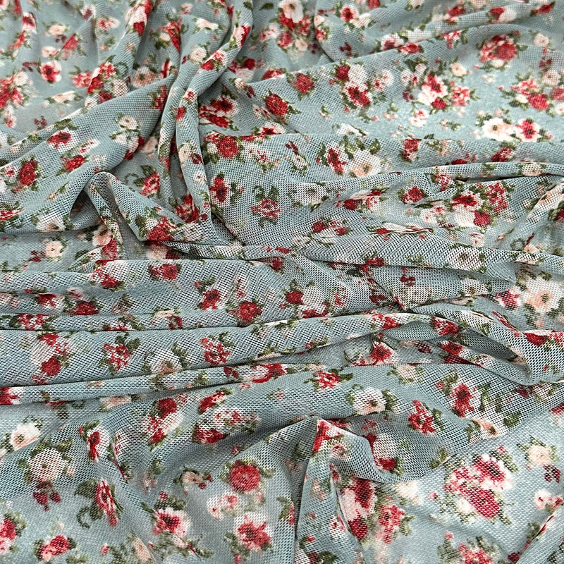 Printed Power Mesh Sage Mini Flowers