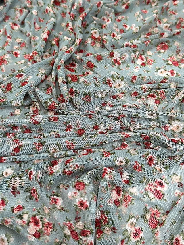 Printed Power Mesh Sage Mini Flowers