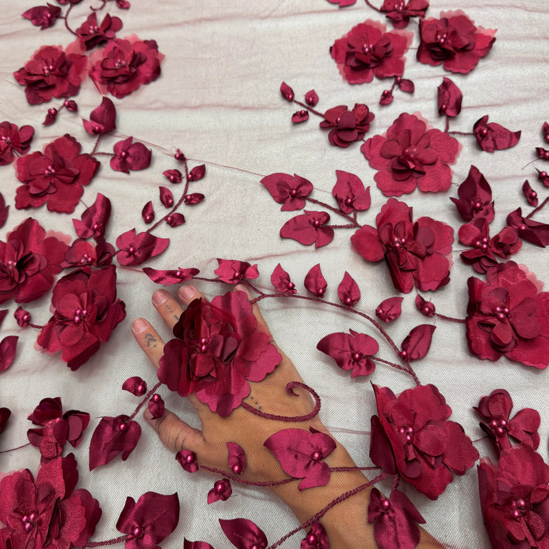 Beaded Lace Mesh Burgundy 3D Flower