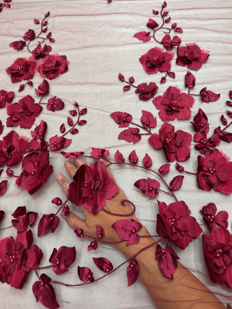 Beaded Lace Mesh Burgundy 3D Flower