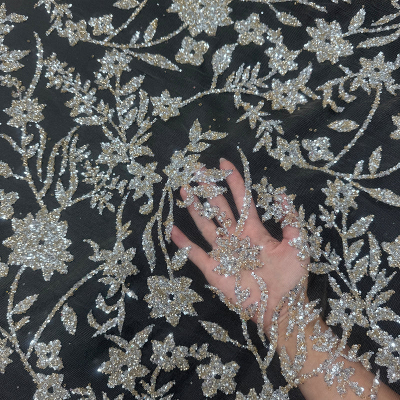 Beaded Floral Lace Silver Champagne
